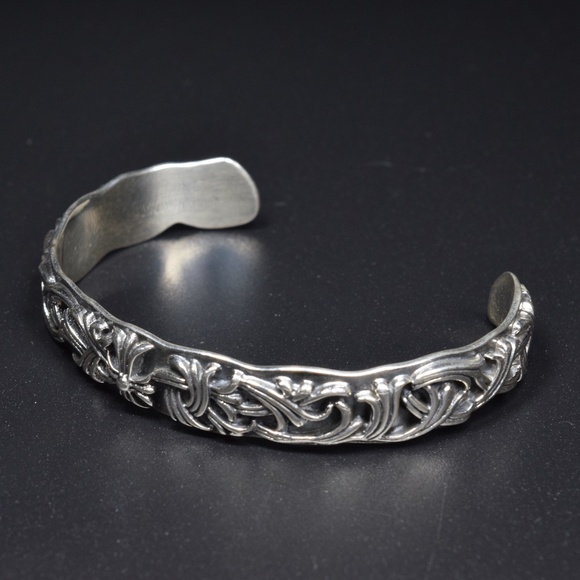 Sterling Silver Chrome Cross Flower Vine 925 Adjustable Bangle Cuff Bracelet - Picture 1 of 6